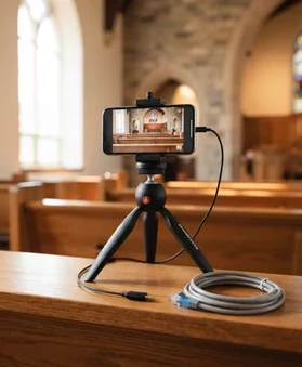 A phone on a tripod with audio and Ethernet cables in a church.