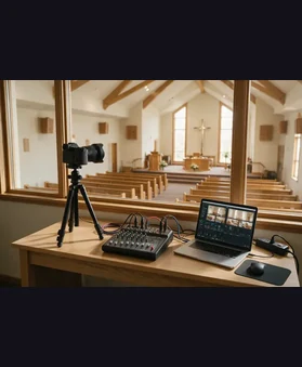 A camera, audio mixer and laptop ready for a church broadcast test.