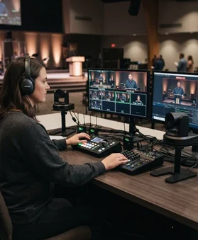 A volunteer operating church live streaming equipment.