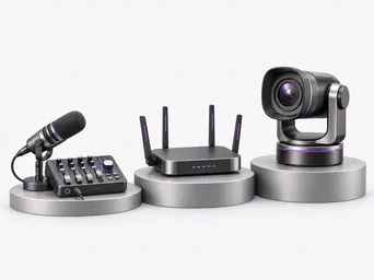 3D illustration of audio, network and camera equipment arranged in sequence.
