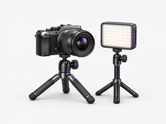 3D illustration of a video camera, tripod and LED light.