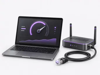 3D illustration of an upload-speed test on a laptop beside a wired router.