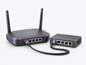 3D illustration of a wired router, network switch and Ethernet cable.