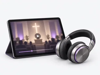 3D illustration of a tablet playing a church recording beside headphones.