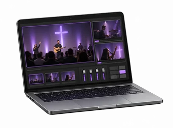 3D illustration of a laptop running a live-production interface.