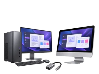 3D illustration of two different desktop computers and a cable adapter.