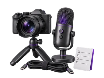 3D illustration of a compact camera, microphone, cable and checklist.