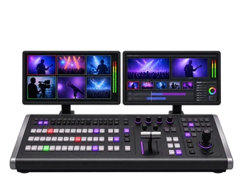 3D illustration of a professional video production console and displays.