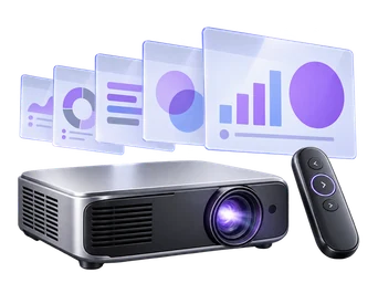 3D illustration of a projector, slide remote and presentation panels.