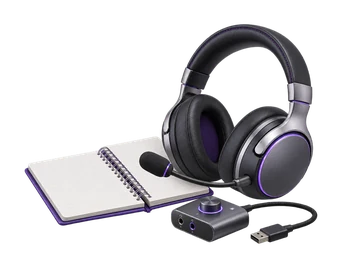 3D illustration of a support headset, training notebook and audio interface.