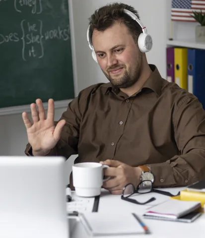 Language teacher conducting an online lesson