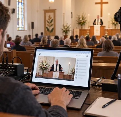 Church volunteer broadcasting a service through the church website