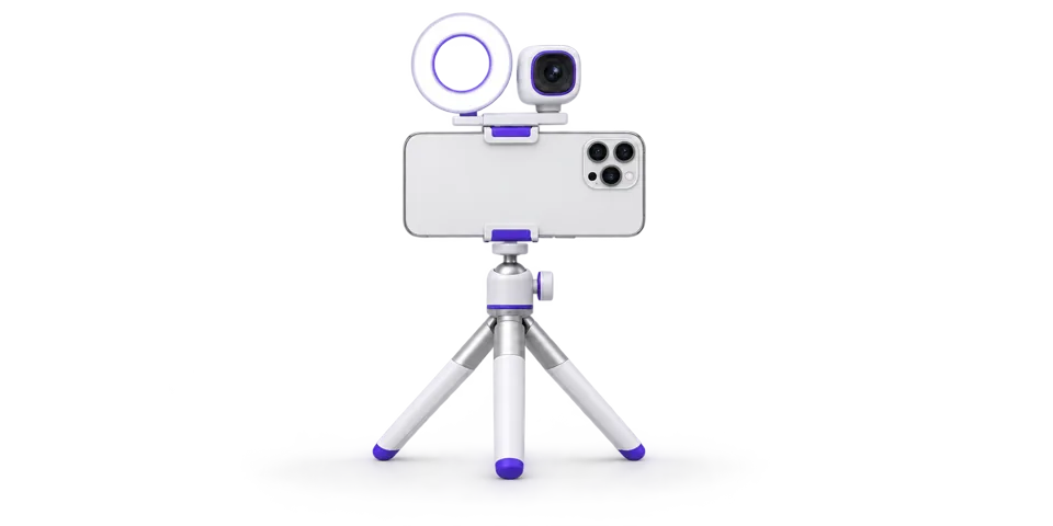 A compact smartphone broadcast rig with camera and ring light.