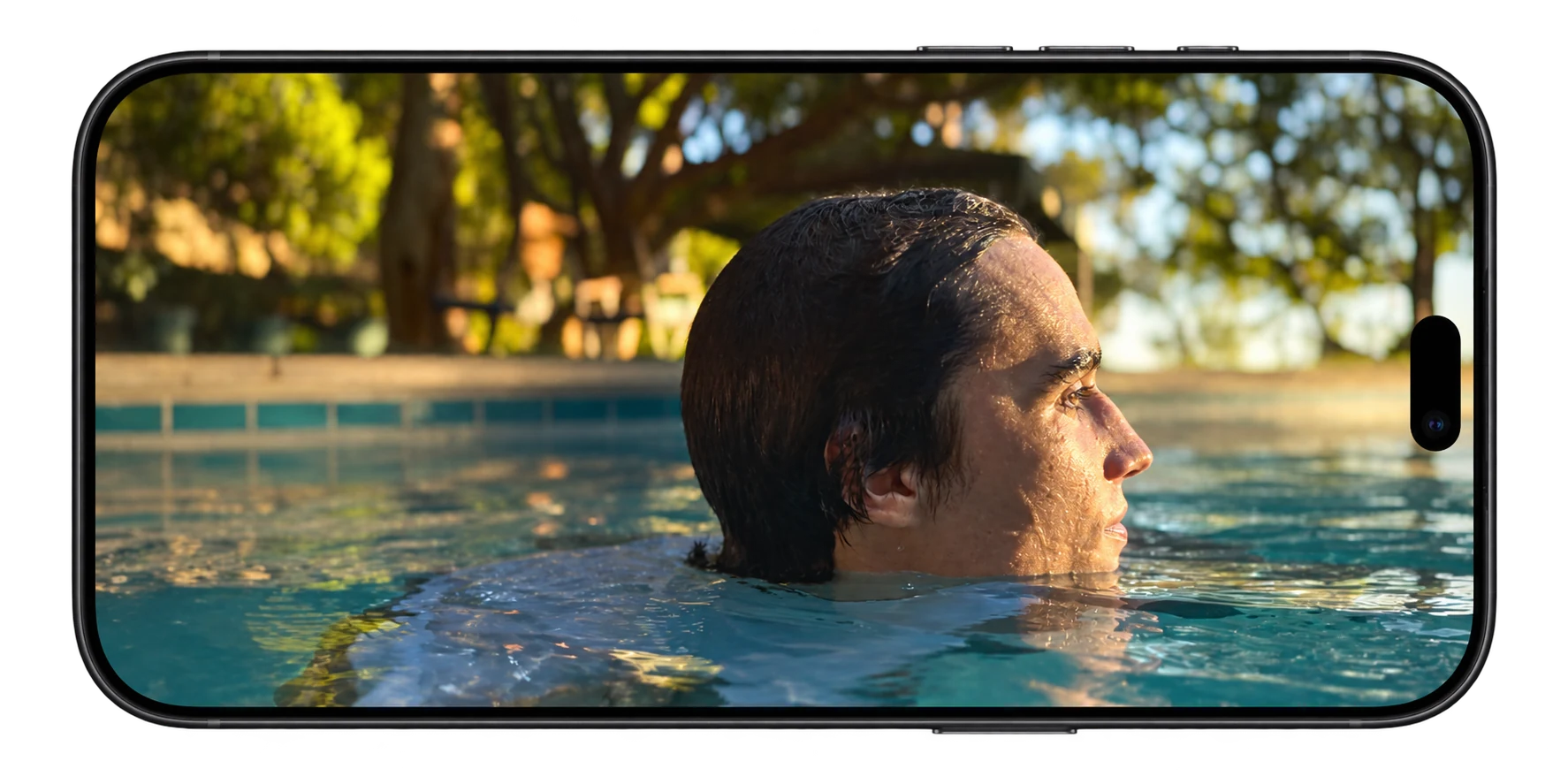A pool scene inside a slim black landscape smartphone.