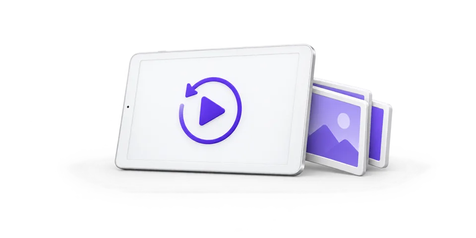 A replay screen with a play button and circular replay arrow.