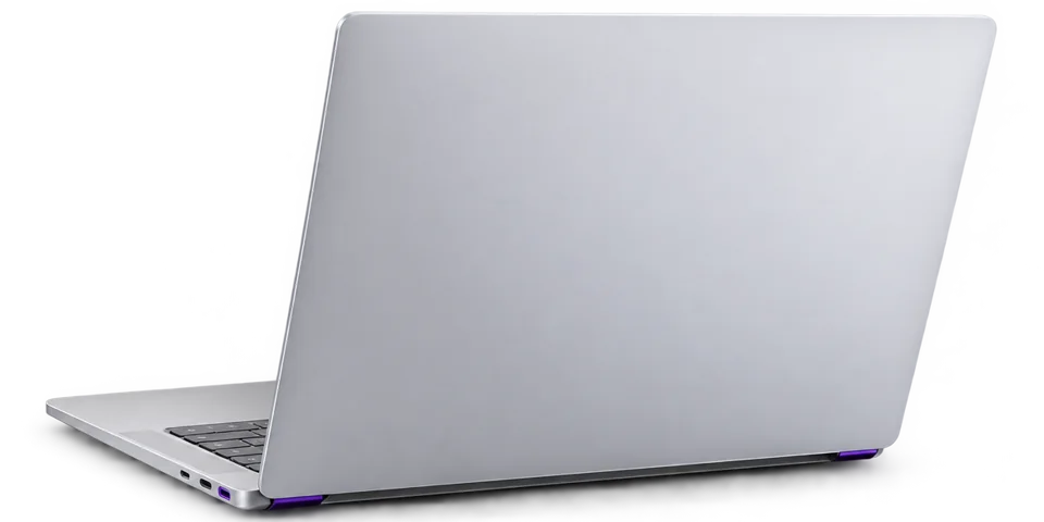 A silver laptop with subtle purple accents.