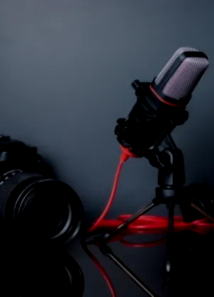 Camera and microphone ready for podcast recording