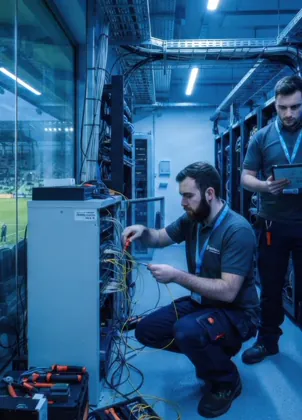 Technicians checking a stadium broadcast connection