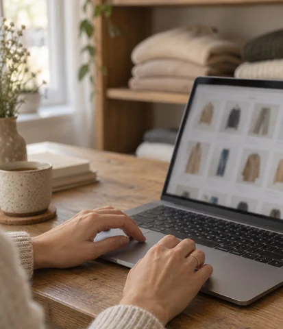 Shopper browsing product thumbnails on a laptop