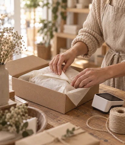 Small shop owner packing a customer order