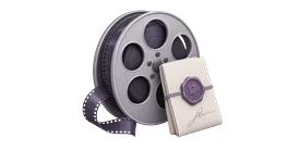 3D illustration of a film reel with a signed licence seal