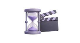 3D illustration of an hourglass beside a clapperboard