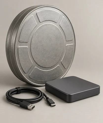 Tall illustration of a film canister and hard drive on a neutral background