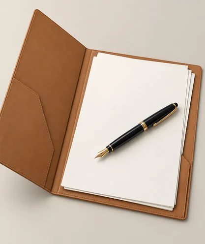Tall illustration of a licence agreement folder with a pen