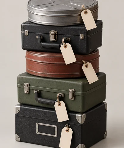 Tall illustration of a stack of film cases with territory tags