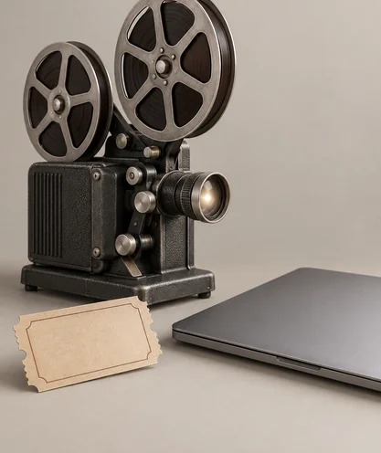 Tall illustration of a projector beside a ticket stub and a laptop