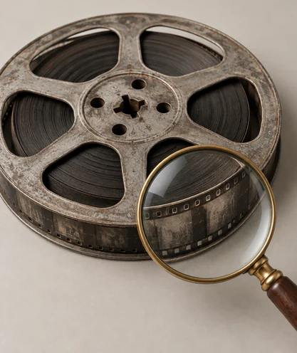 Tall illustration of an archive film reel with a magnifying glass