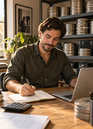 Distributor setting a rental price at a desk