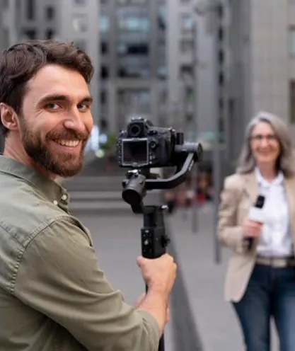 Field journalist reporting with a camera operator