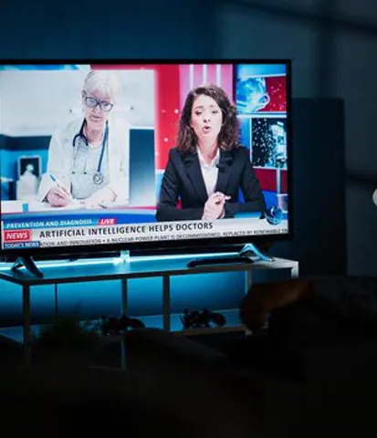 Television news program on a living-room screen
