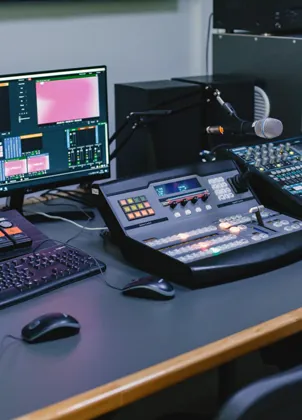Close-up of audio production equipment