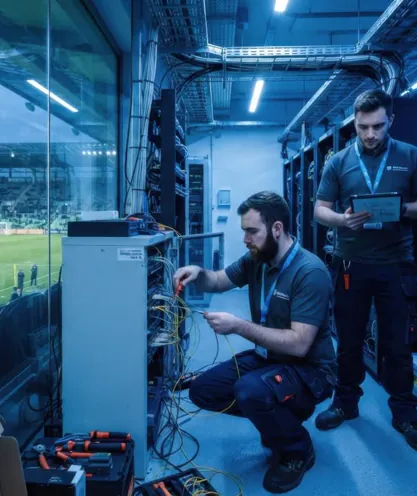 Technicians checking a secure broadcast connection