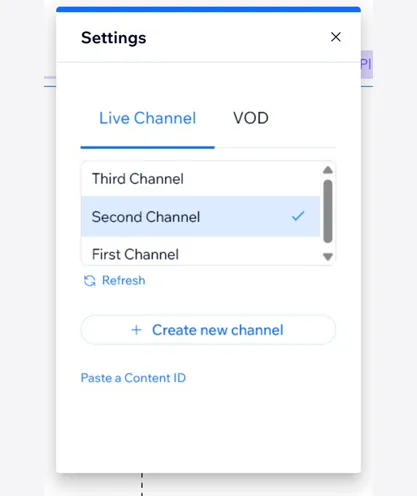 Live Channel and VOD selection in the WpStream Wix Settings panel