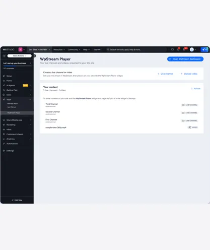 Live channels and videos in the WpStream Wix dashboard