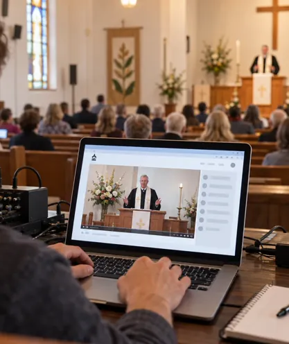 Church volunteer managing a camera and laptop