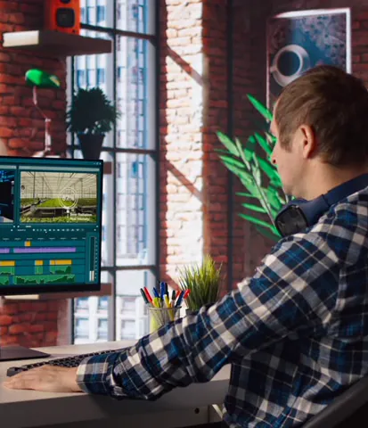 Video editor working at a desktop monitor