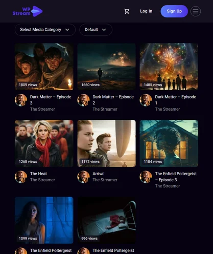 Items list with media category and sort filters above a video grid