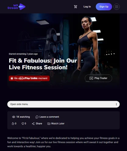 Live fitness session channel page showing the not live message