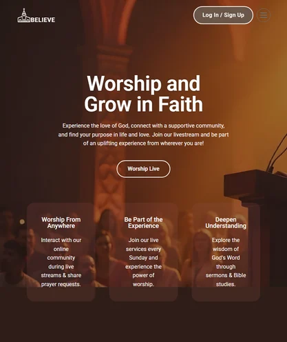 Believe demo homepage with a transparent header over a full-width photo