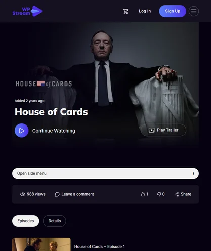 House of Cards collection page with Continue Watching and an Episodes tab