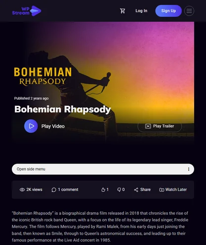 Bohemian Rhapsody video page in the Streaming demo with Play Video and Play Trailer