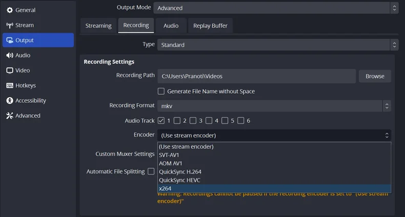 OBS bitrate and encoder settings for recording