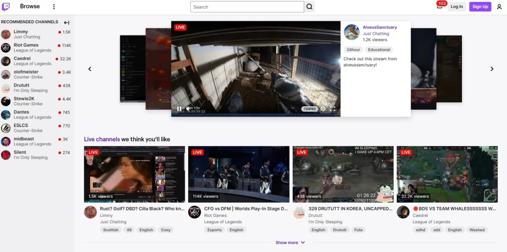 Screenshot of the gaming streamer platform Twitch.