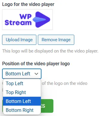 Upload logo & position it for WpStream video player customization and branding