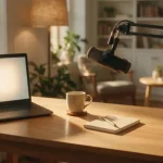 wordpress live streaming desk setup with a laptop webcam and microphone