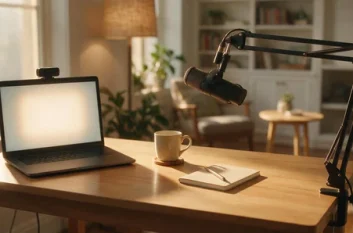 wordpress live streaming desk setup with a laptop webcam and microphone
